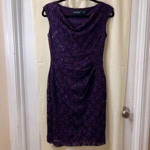 Lauren Ralph Lauren Purple Sequin‎ Lace Cocktail Dress Cowl Neck Ruched Size 4